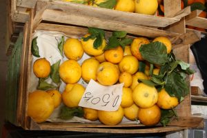 Regionaler Erzeugermarkt in Lagos, Algarve. Hier sind frisch gepflückte Zitronen zu sehen, in der Mitte ein handgeschriebener Zettel mit dem Preise von € 0,50.