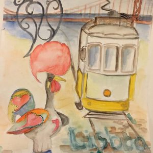Yoga Städtereise nach Lissabon, Bild von Sylvia Brucker während der Reise hergestellt. Das Gemälde zeigt links den portugiesischen Hahn und rechts die gelbe Electrico, mit Buntstiften angefertigt.