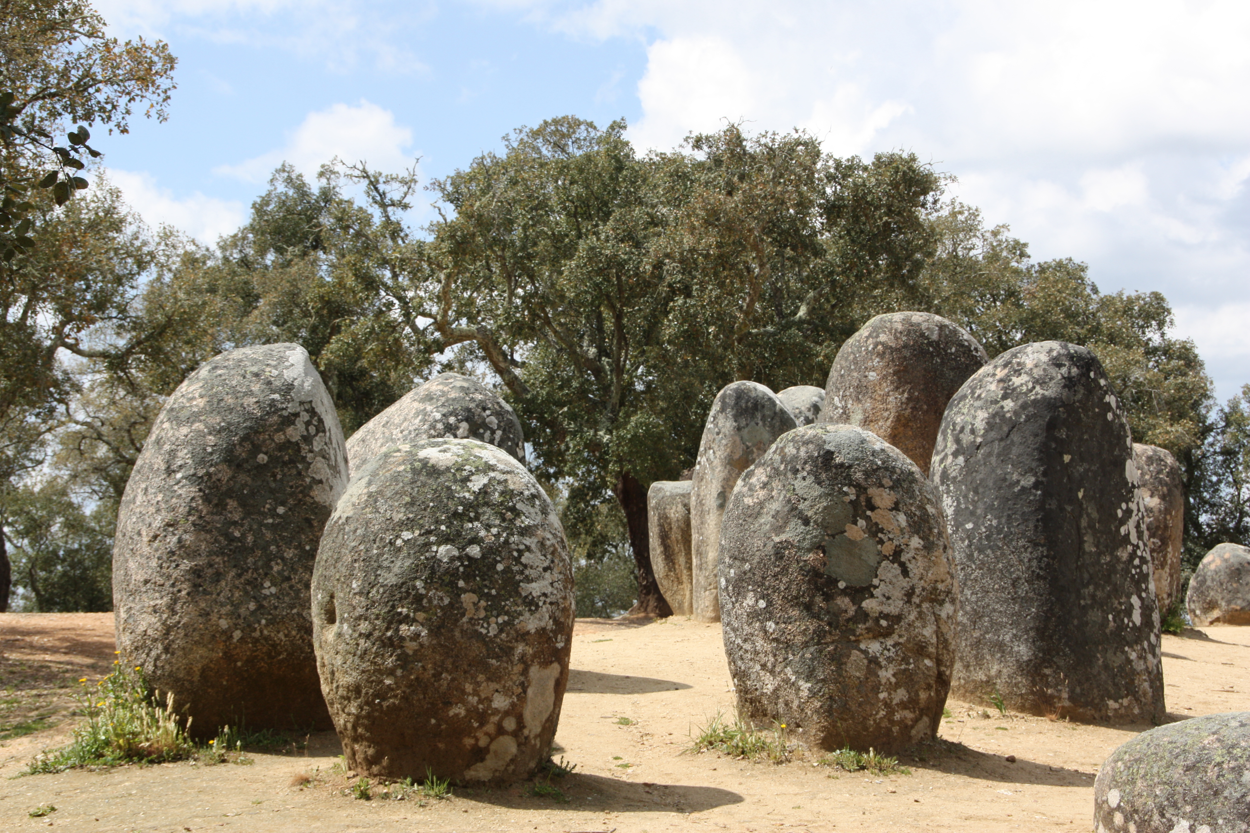 Man sieht auf dem Foto die Megalithen im Distrikt Évora, sie bilden eines von fünf Verbreitungszentren für Dolmen und Menhire in Portugal. Bereits im Jahre 1733, hatte Martin de Pina Mendonça eine erste Studie über die portugiesischen Megalithanlagen erstellt, die zu dieser Zeit, wie anderswo in Europa, als Opferaltäre erklärt wurden.